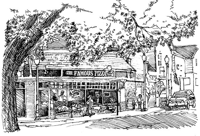 Ink drawing of Famous Pizza Restaurant